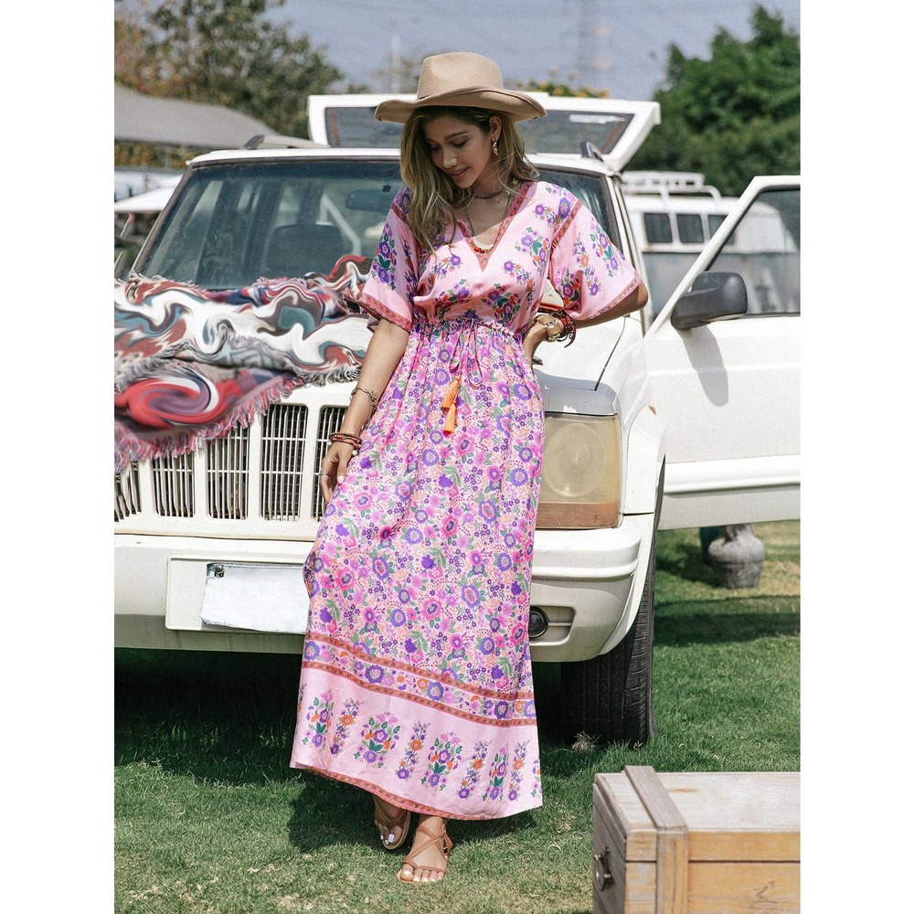 ❗️ Floral Print Trumpet Sleeve Split Thigh Tassel Waist maxi Dress boho pink - Picture 2 of 6